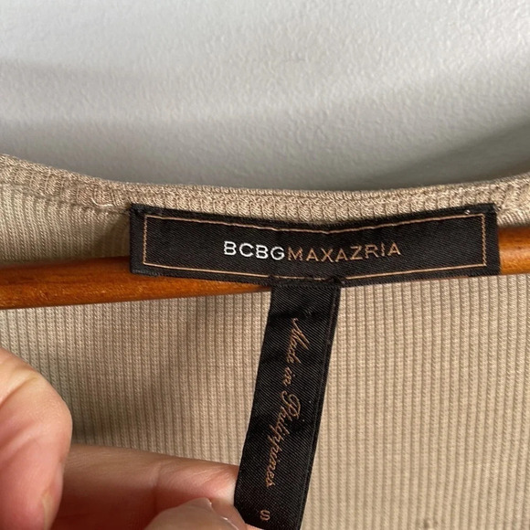 BCBGMAXAZARIA Tan Ribbed Scoop Cowl Neck Column Sheath Midi Dress Baddie Size S - Picture 7 of 11